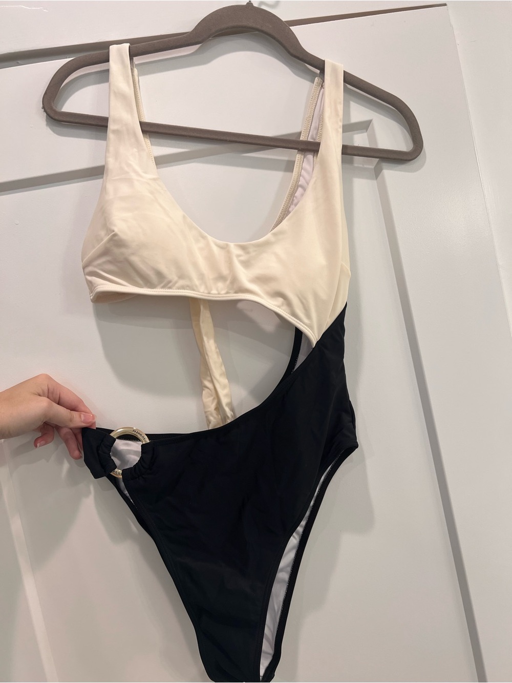 Two-Tone Cream and Black One-Piece Swim Suit with Ring Detail